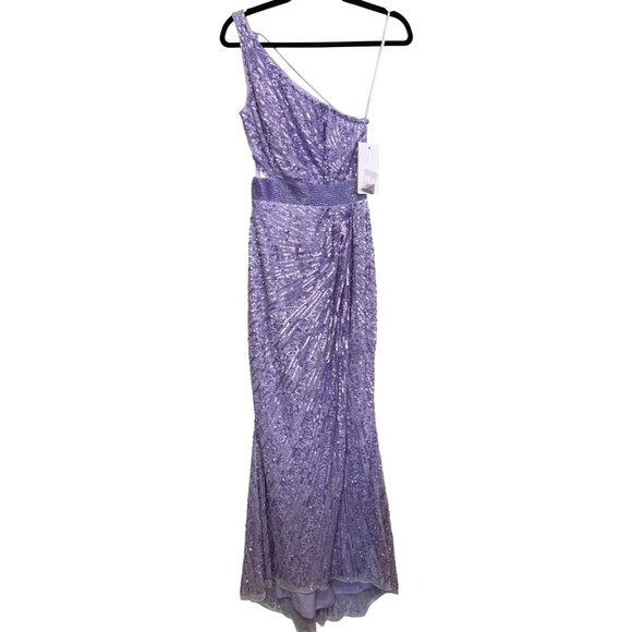 Mac Duggal Purple Sequined One Shoulder Lace Up Gown Dress Sz 0 NWT - Picture 4 of 8